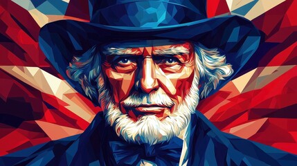 A stylized portrait of an elderly man with a hat, set against a vibrant, angular background reminiscent of a flag.