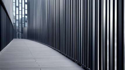 Modern architectural walkway with sleek lines and shadows, leading to an urban backdrop