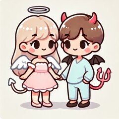 Cartoon couple dressed as angel and devil. Cute pastel illustration with halo, wings, horns, and trident on a white background. Halloween and love concept. 