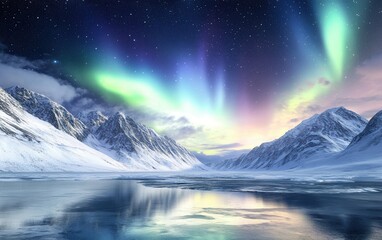 Naklejka premium A stunning Arctic winter scene with snow-covered mountains, a frozen lake, and a vibrant aurora borealis illuminating the starry sky in a serene landscape.