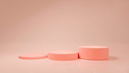 Pastel pink base geometric background with 3 round bases, used for displaying fashion and cosmetic products. or beauty products, 3D rendering