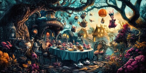 Obraz premium Whimsical Tea Party in a Fantasy Forest Setting