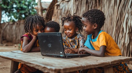Fototapeta premium equality education volunteer service concept picture of underprivileged and poverty at Africa. African student is learning with secondhand laptop.