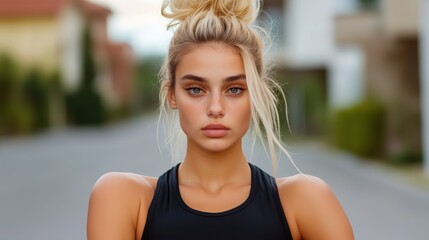 Naklejka premium Portrait of a young girl in a black sports top, posing against a blurred background of a modern city, looking confident and serene