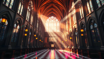 Gothic cathedral interior, stained glass windows, dramatic lighting, golden sunburst, vaulted arches, ornate architecture, checkered floor, symmetrical composition, ethereal atmosphere, vibrant colors