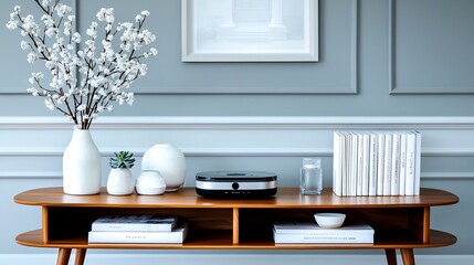 Modern living room scene featuring a stylish wooden table with decorative items and a robot vacuum