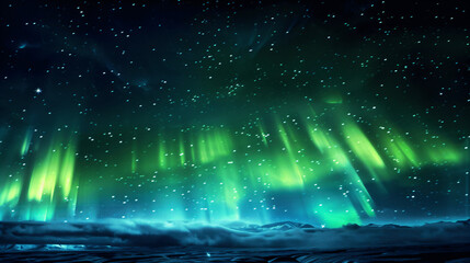 Aurora borealis above mountains in fog at night. Northern lights. Sky with stars with polar lights and high rocks. Beautiful landscape with aurora, city lights in low clouds, mountain ridge. Space