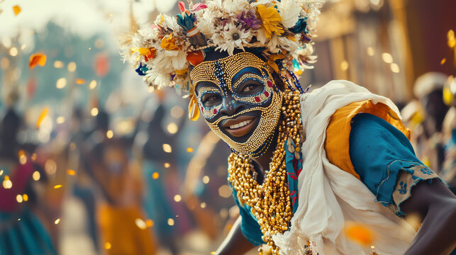 A ritual dancer wearing a colorful mask and costume with gold bead ornaments, dancing with energetic movements in front of a statue of the Goddess Osun, Ai generated images