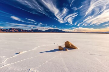 Dramatic Salt Flat Landscape with Striking Cloud Formations and Minimalist Rock Sculptures