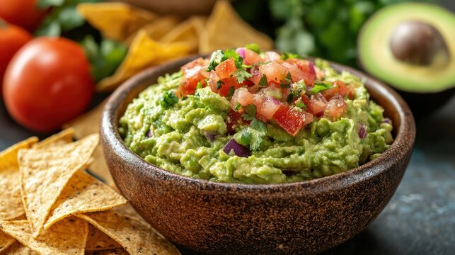bowl of fresh guacamole topped with diced tomatoes and herbs, served with crispy tortilla chips. Perfect for gatherings and parties, this vibrant dish is crowd pleaser