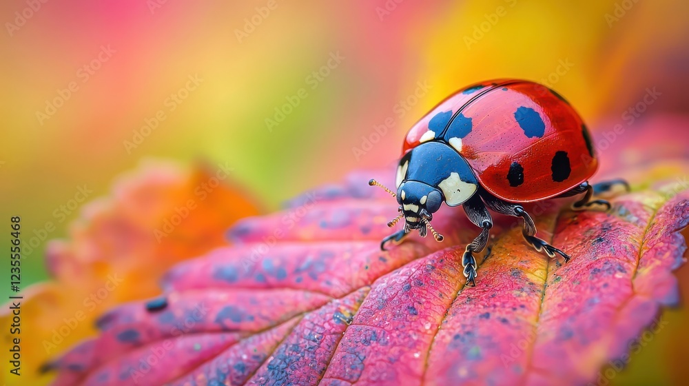 Poster close up of ladybug resting on colorful leaf, showcasing vibrant red and orange hues. intricate deta