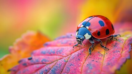Fototapeta premium close up of ladybug resting on colorful leaf, showcasing vibrant red and orange hues. intricate details of ladybug shell and leaf texture create captivating scene