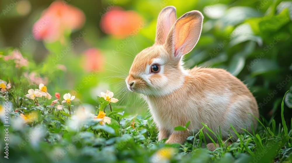 Aufkleber close up of rabbit nibbling on grass surrounded by colorful flowers, showcasing its soft fur and cur