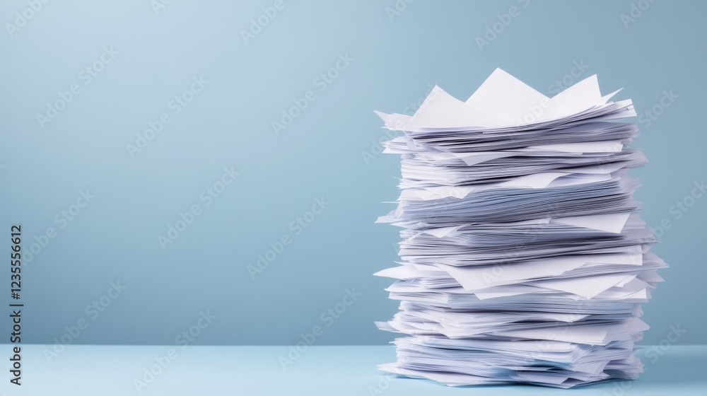 Poster stacked sheets of white paper on a light blue background creating a minimalistic office scene