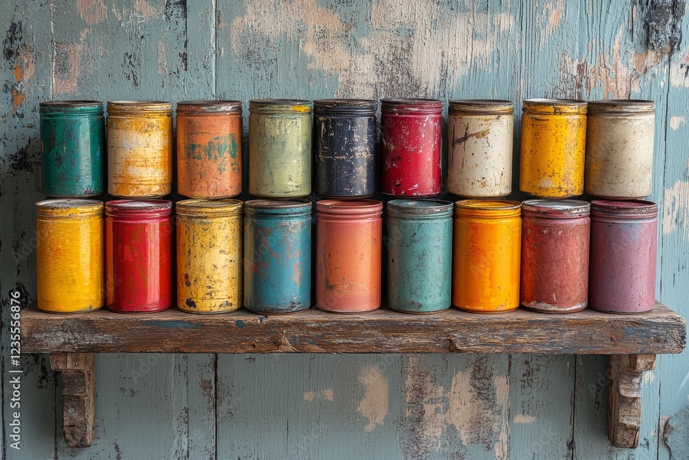 Aufkleber row of neatly organized vintage paint cans creating a nostalgic charm in the workshop
