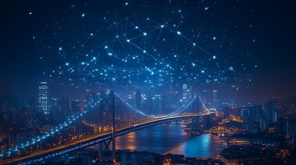 Obraz premium Night city bridge network connection global future