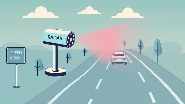 Traffic Radar On highway Road tracking a Car Going in High Speed. Control cars speed and movement with video camera technology in urban Ways. Flat design animation.