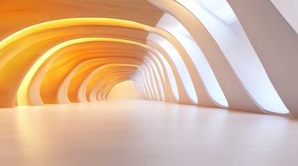 Obraz premium Modern architectural interior with flowing curves and warm lighting, showcasing a spacious, serene environment