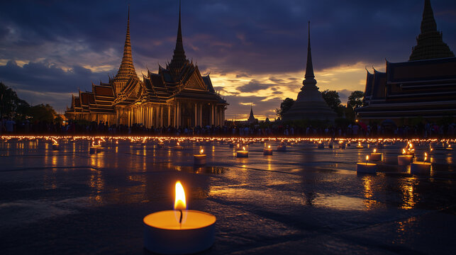 Bhumibol Day, thousands of Thai people gathered in front of the Grand Palace, they wore black clothes and carried candles as a symbol of their last respect for King Bhumibol, Ai generated images