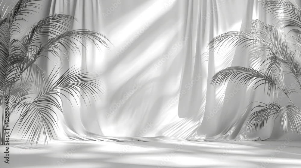 Aufkleber minimalist white background with soft shadows and palm leaves creating serene atmosphere. ideal for 