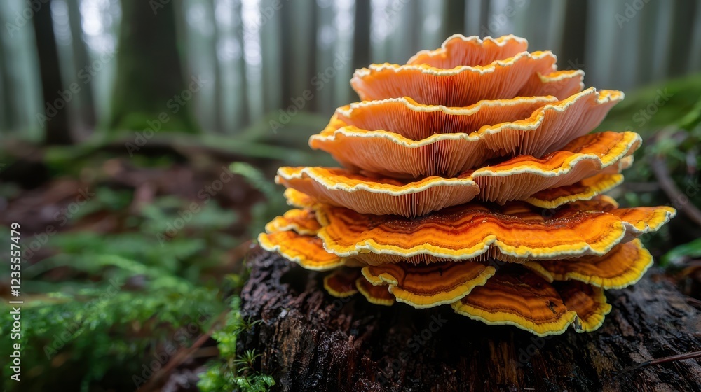 Poster low angle view of vibrant orange mushroom growing on log in misty forest. intricate layers and color
