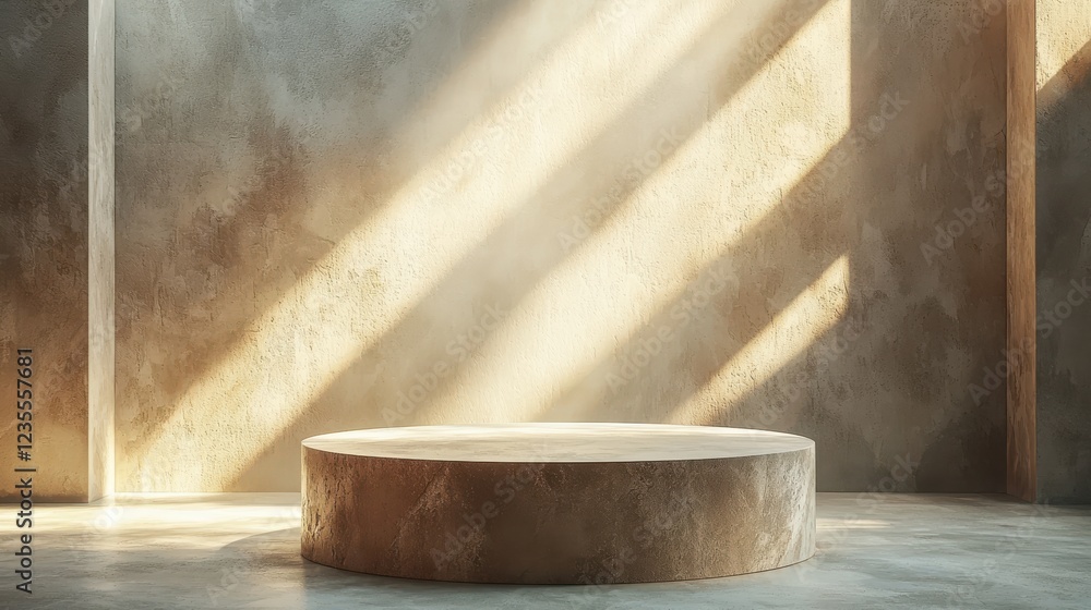 Poster minimalistic podium in softly lit room with textured walls, creating serene atmosphere. warm light c