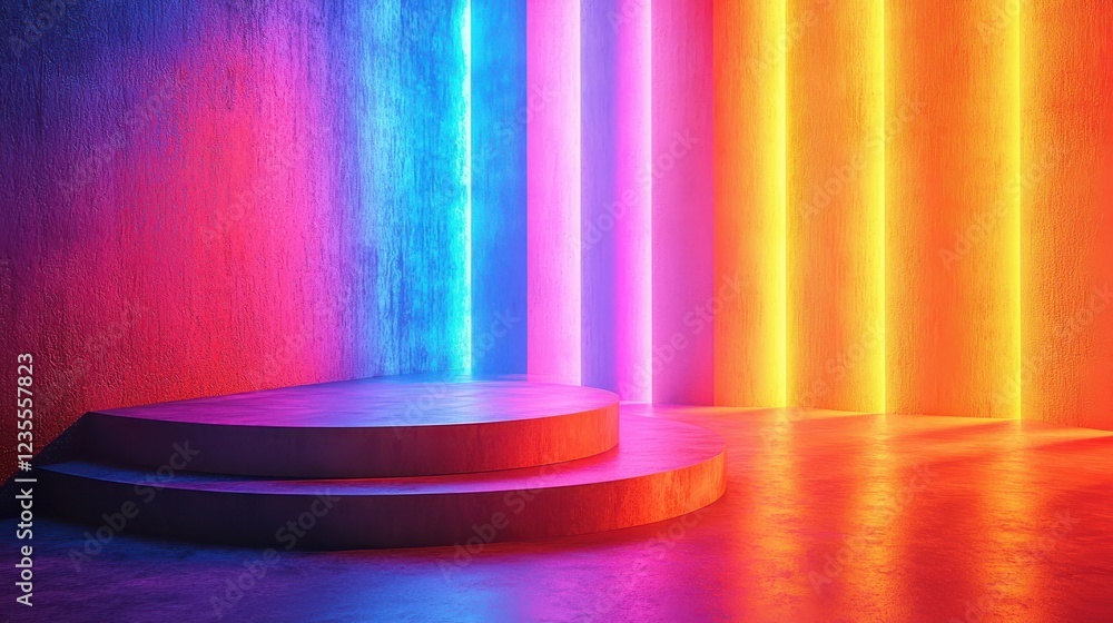 Poster vibrant illuminated podium with colorful neon lights in modern setting, creating dynamic atmosphere 
