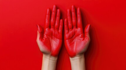Obraz premium Two Red-Painted Hands Against a Red Background A Symbolic Image of Unity, Passion, or Protest