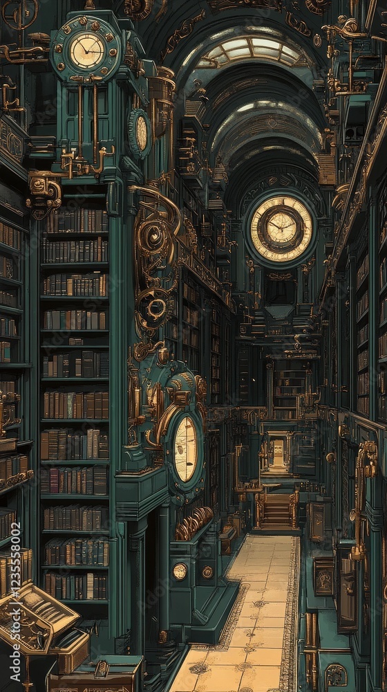 Aufkleber a steampunk library with intricate clockwork mechanisms