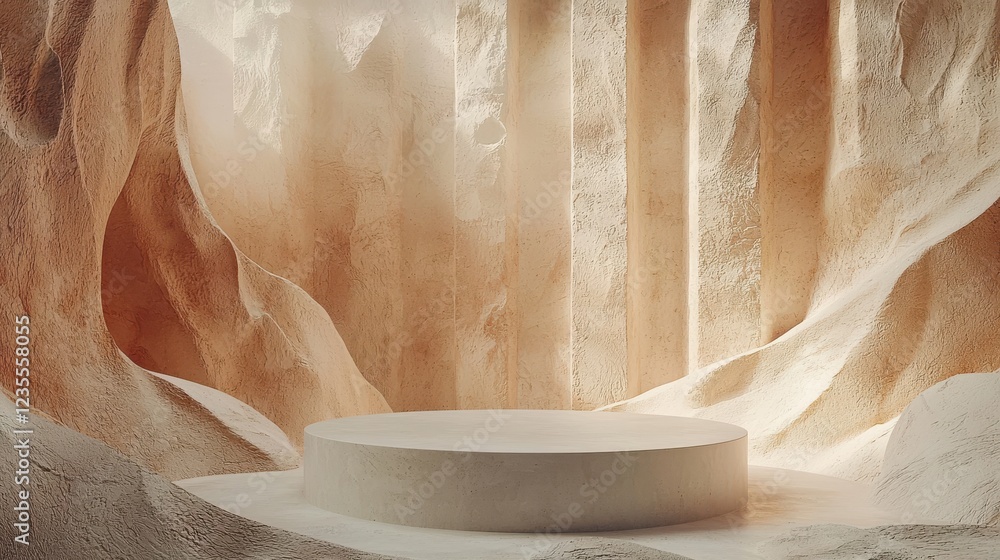 Poster serene podium set in textured, sandy environment with soft lighting, creating tranquil atmosphere fo
