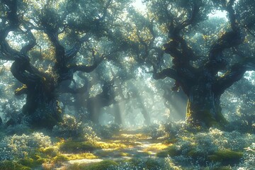 A mystical forest pathway with ancient twisted trees and soft sunlight filtering through the foliage, creating an enchanting and serene atmosphere.