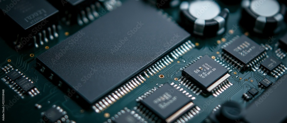 Aufkleber high tech circuit board close up of microchips processors and electronic components