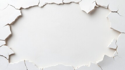Cracked White Wall with Torn Edges and Empty Center Ideal for Backgrounds and Text Overlay Use