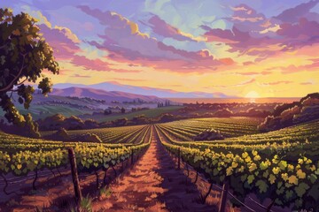 Fototapeta premium Serene Sunset Glow Over Vibrant Vineyard Landscape Embodied with Grapes and Rolling Hills Bringing Tranquility and Beauty