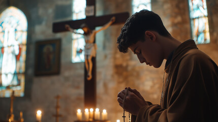Good Friday, a young monk praying in front of a statue of Jesus hanging on a cross, his hands tightly holding a rosary, small candles burning around him, Ai generated images