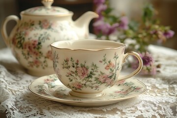 Fototapeta premium Elegant Porcelain Teacup with Detailed Floral Patterns Photography Inspired by Nature and Elegance