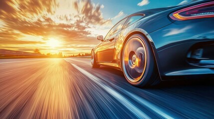 Obraz premium sleek car driving on open road at sunset, showcasing speed and freedom. vibrant sky enhances dynamic atmosphere of scene