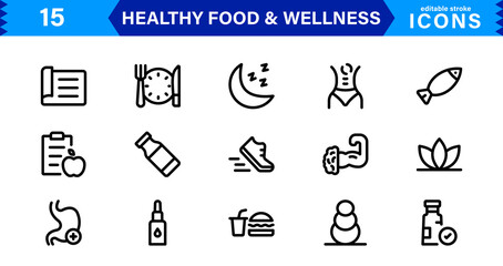 Healthy Food & Wellness Icons. Premium Vector Set with Outline, Minimal, and Flat Illustrations for Nutrition, Fitness, and Well-being