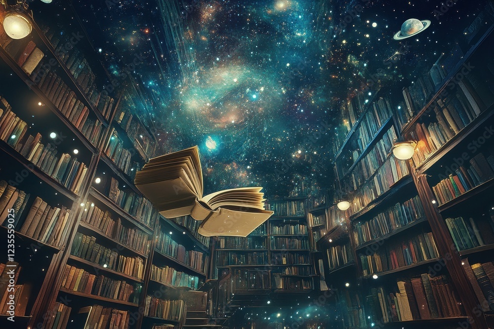 Poster a cosmic library with a book floating in space