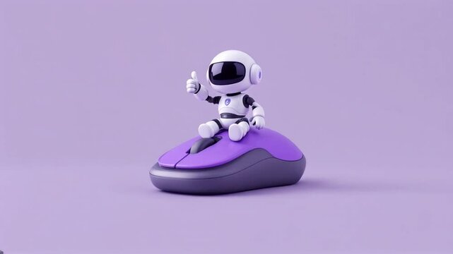 Small cute 3d robot sitting on top of a purple computer mouse