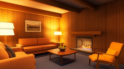 Fototapeta premium Cozy living room with wooden paneling, warm lighting, fireplace, and comfortable furniture