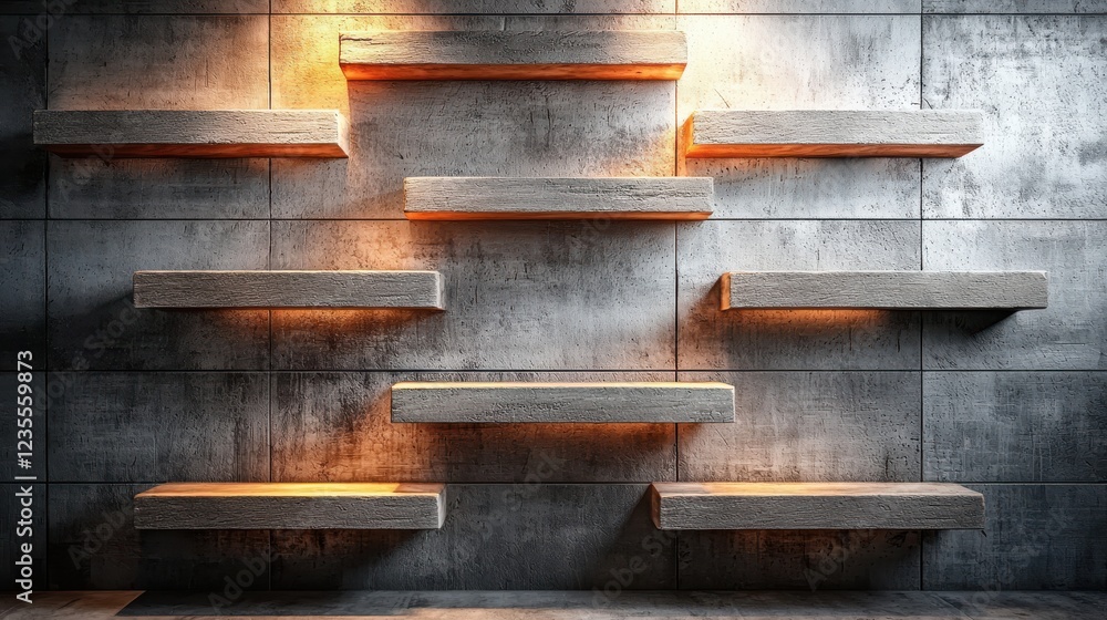 Aufkleber modern wall with illuminated floating shelves, showcasing unique texture and design. interplay of li