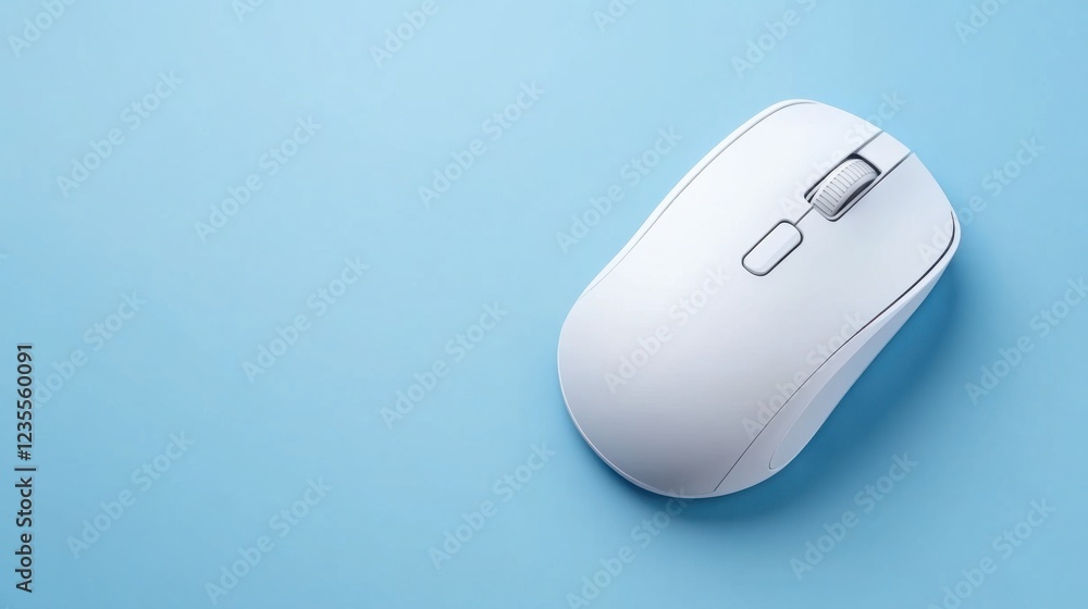 Poster modern minimalist white computer mouse on soft blue background for tech or office themes