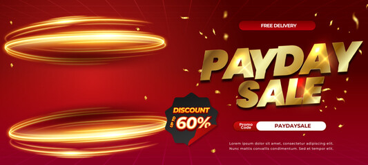 Payday Sale discount deals Dynamic Red gradient with Spiral Flash light podium showcase abstract Editable Gold text effect Horizontal banner template