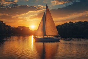 Serene Sailboat Sailing on a Sunlit Lake - Tranquil Boating Experience with Blue Skies and Peaceful Waters