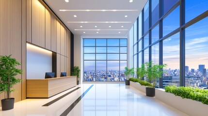 Fototapeta premium Modern office reception area with large windows showcasing a city skyline and greenery (1)