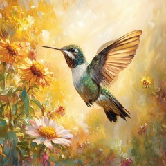 Fototapeta premium Hummingbird in Flight Among Golden Flowers