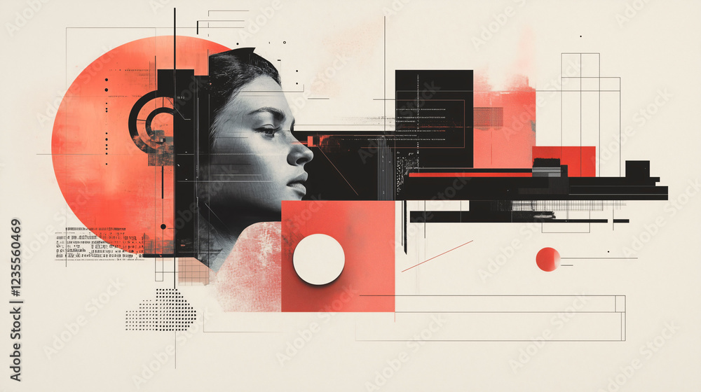 Poster engaging collage featuring dynamic typography and graphics with a profile view of a woman. generativ