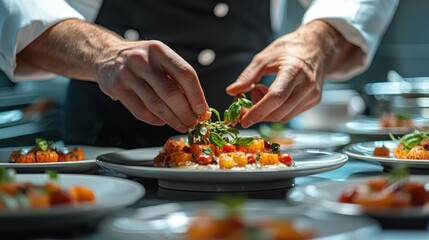 Close up of chef hands garnishing dish with fresh herbs, showcasing culinary artistry and attention to detail in professional kitchen setting