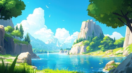 Serene Lakeside Mountain Scene With Lush Greenery And Clear Sky